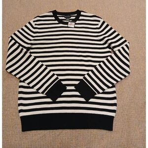 Club Monaco mens medium black cream stripe cotton knit sweater crewneck